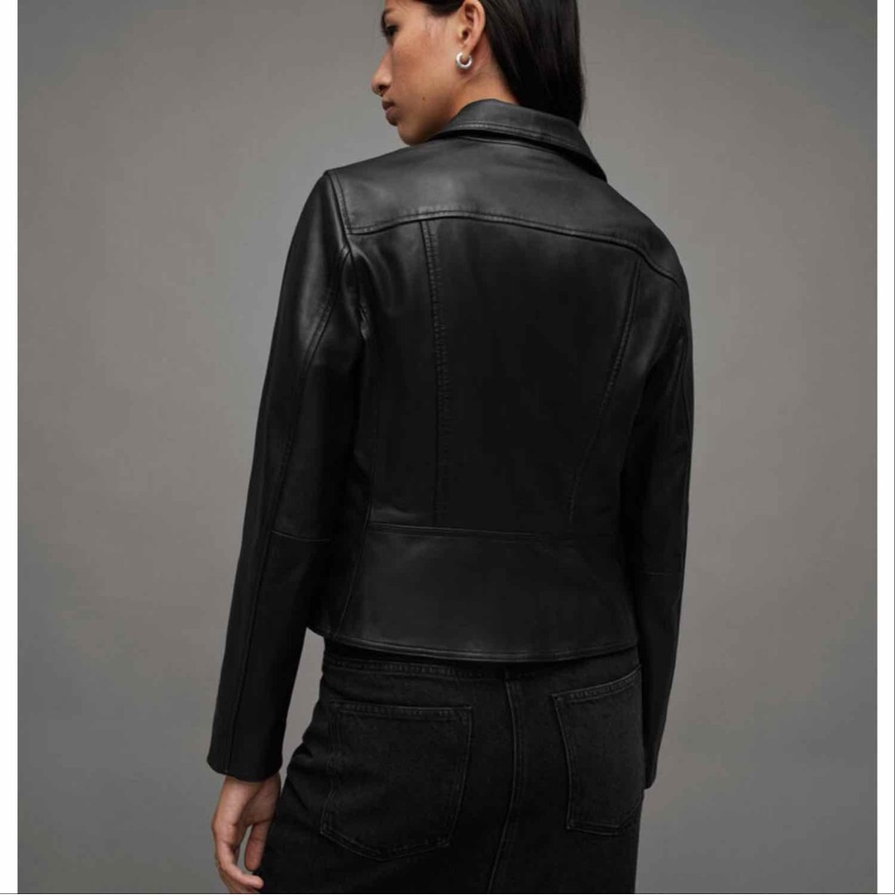 NWT Allsaints Neve Shrunken Slim Fit Leather Biker Jacket Size 6 - Picture 3 of 5